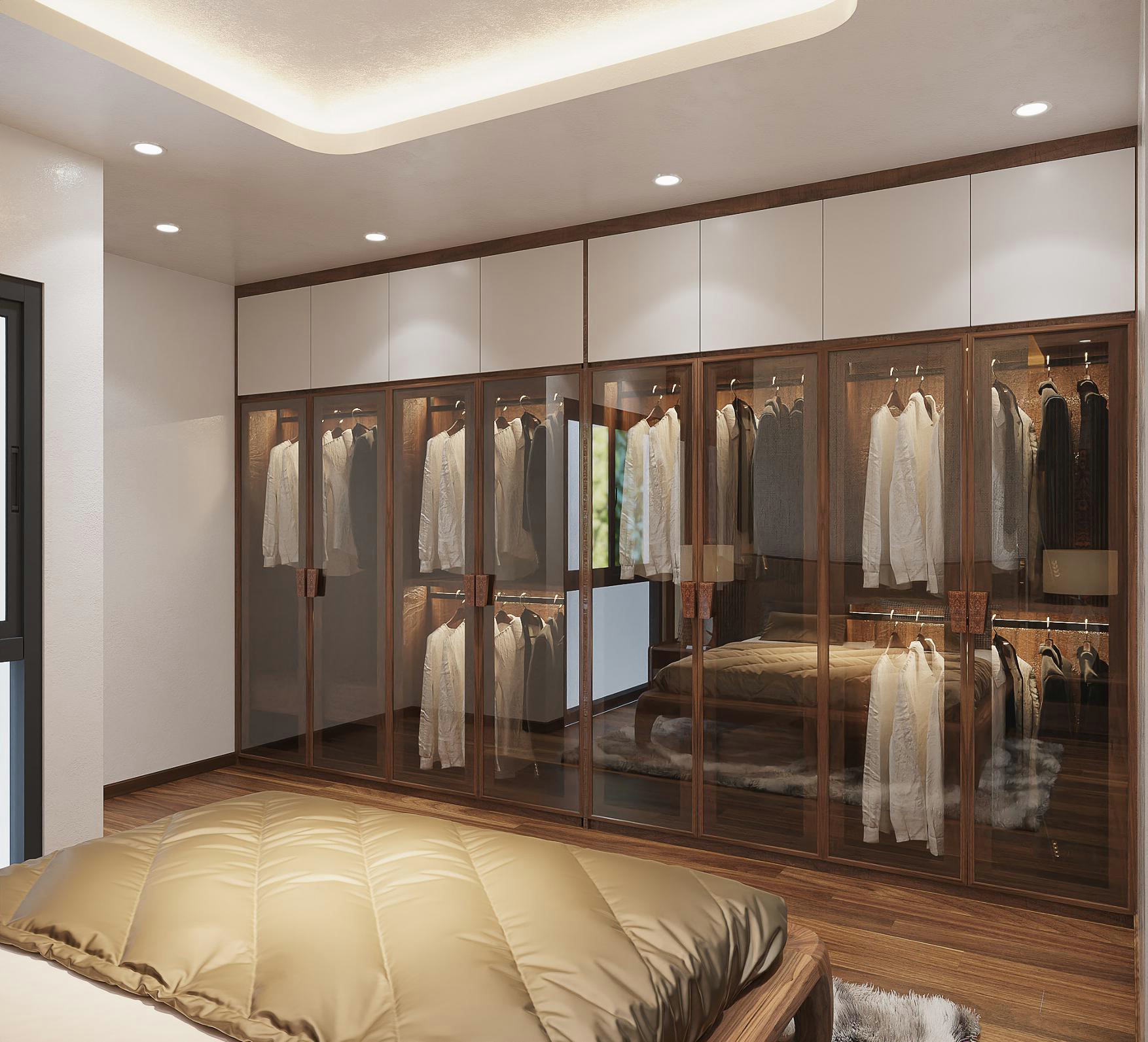 Tủ quần áo âm tường cao kịch trần với cánh kính khung gỗ và tủ trên MDF trắng