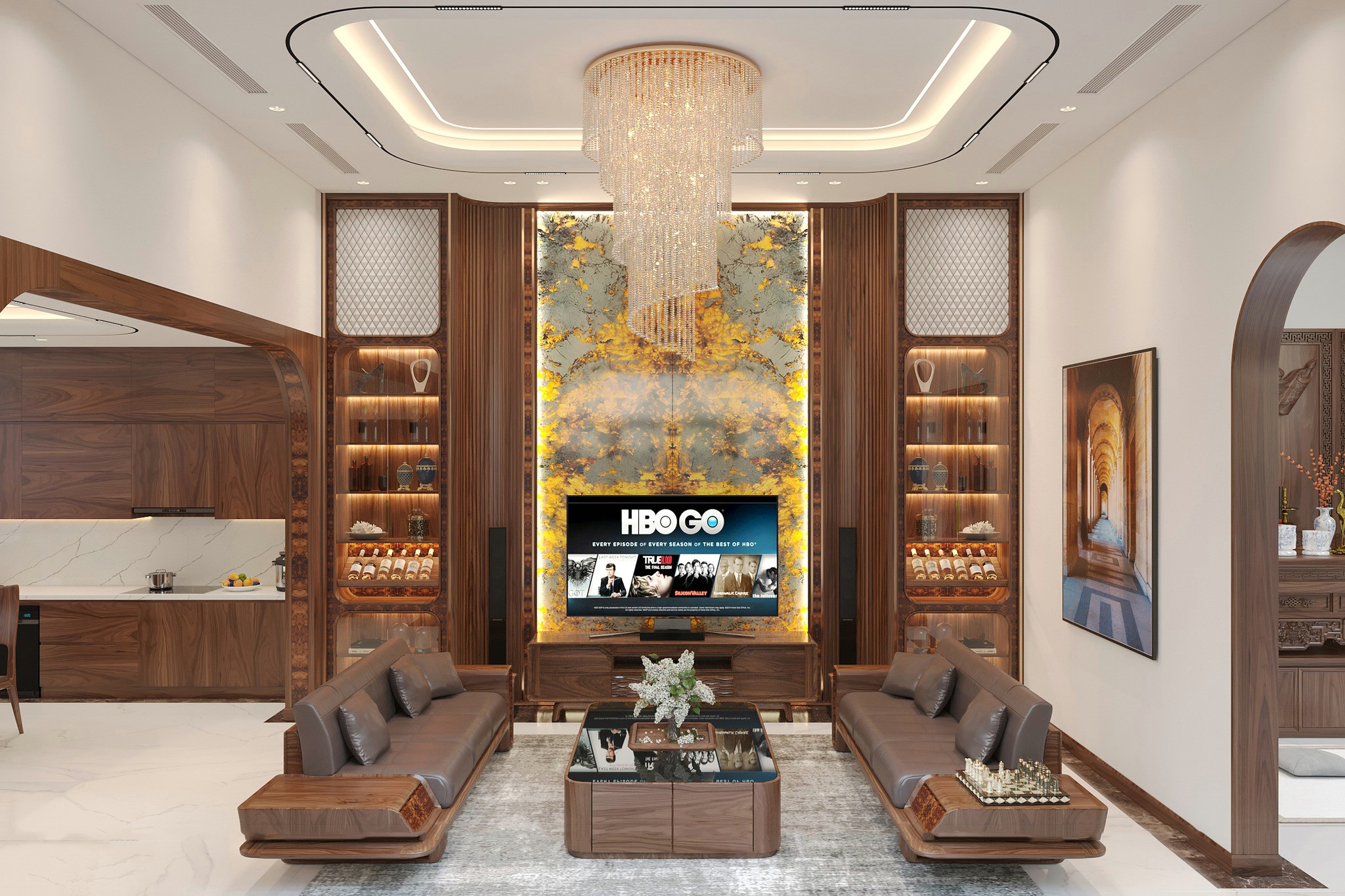 Tủ rượu đẹp phòng khách cao kịch trần chất liệu gỗ óc chó và cánh kính