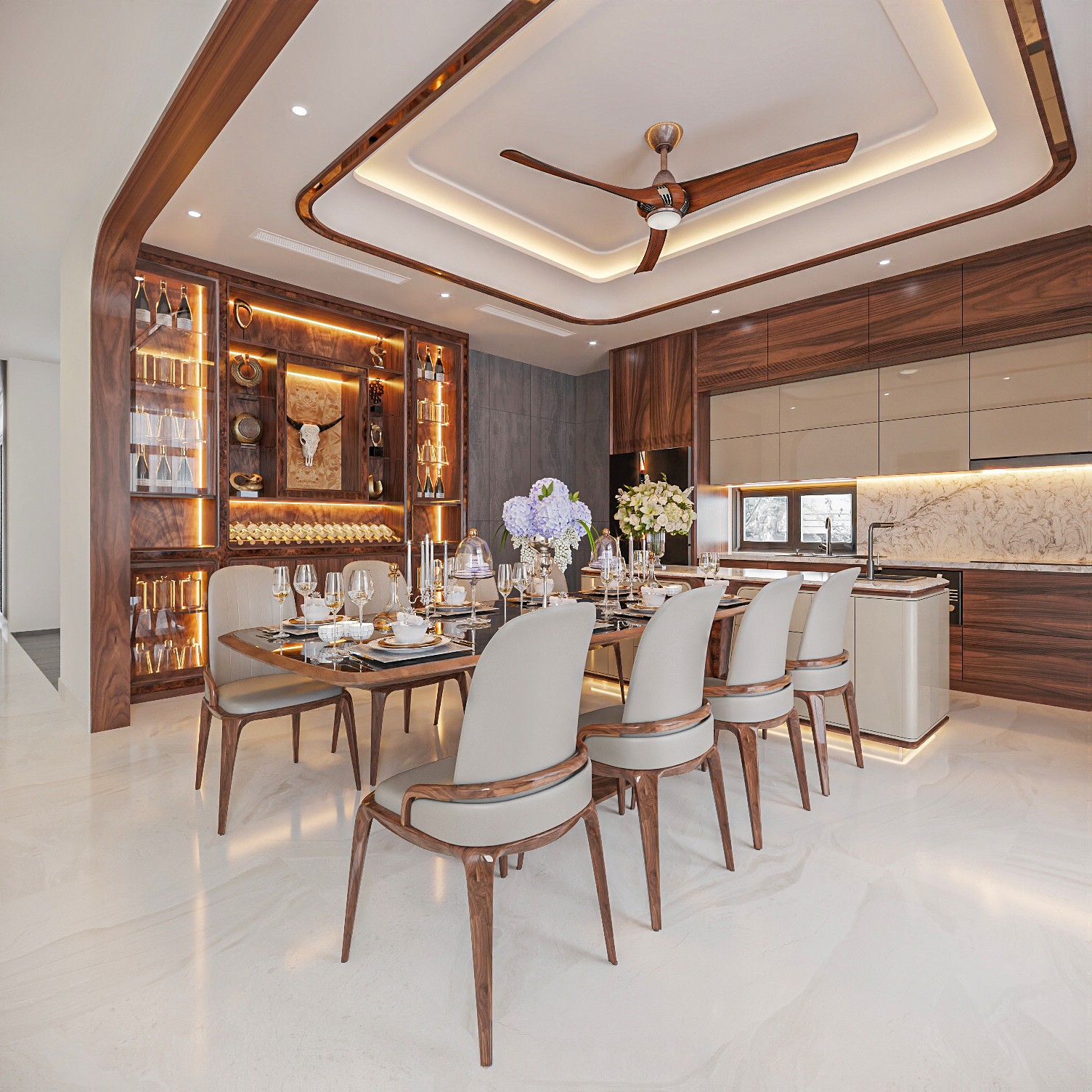 Tủ rượu gỗ óc chó kết hợp tủ trang trí, cánh kính, đèn Led, phối Nu gỗ quý