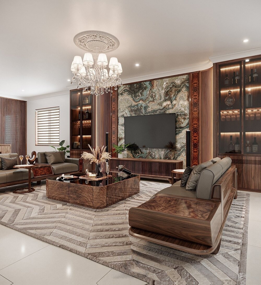 Tủ rượu hiện đại gỗ óc chó với 2 cánh kính và đèn led âm sang trọng