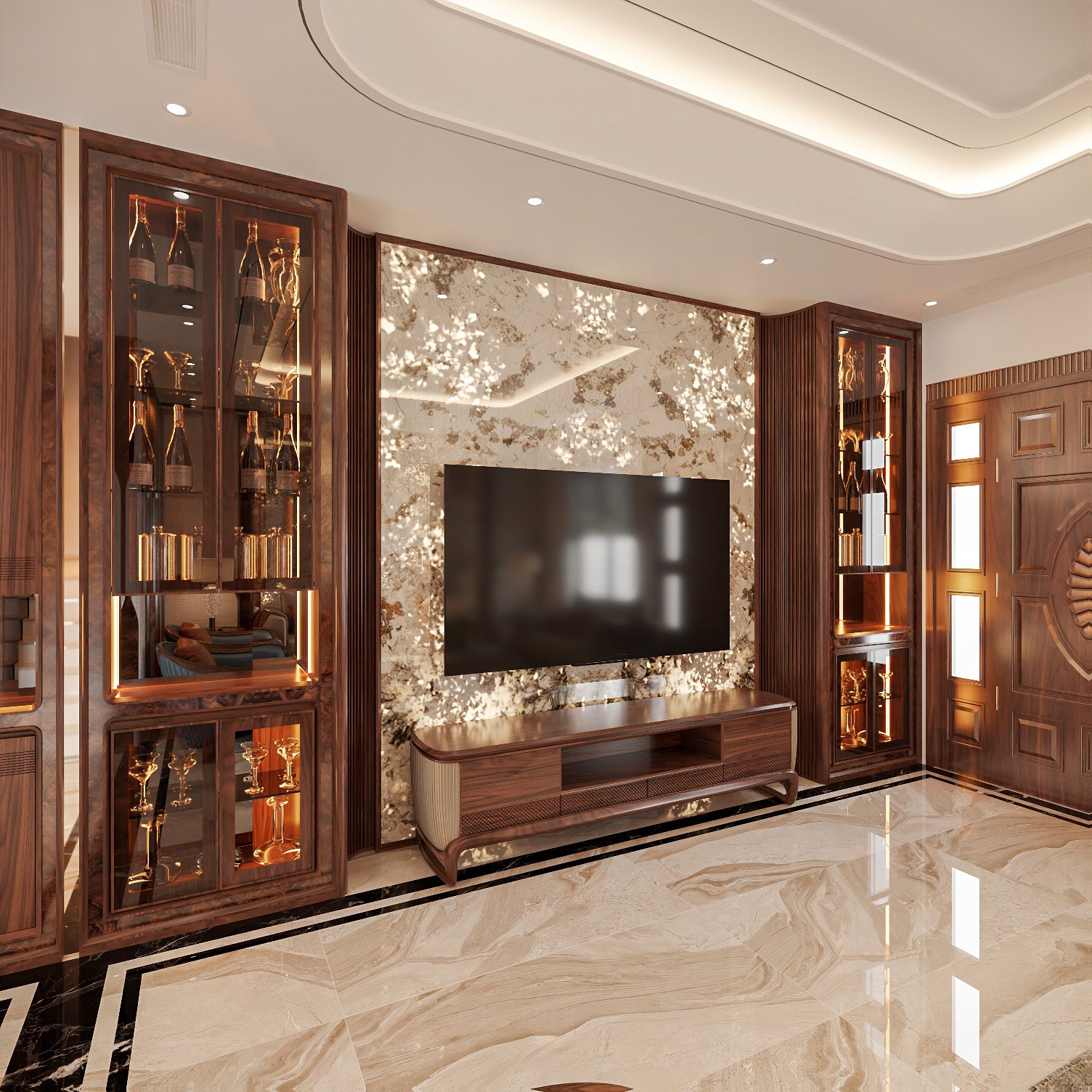 Tủ rượu phòng khách hiện đại 7 tầng, cánh kính viền veneer nu, LED quanh tủ và một mặt ốp lam sóng vát cong tông nâu đỏ