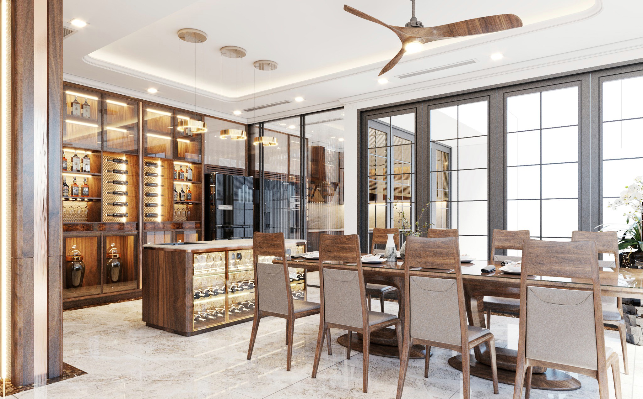 Tủ rượu gỗ óc chó cao kịch trần kết hợp kính, đèn LED và bàn bar mini