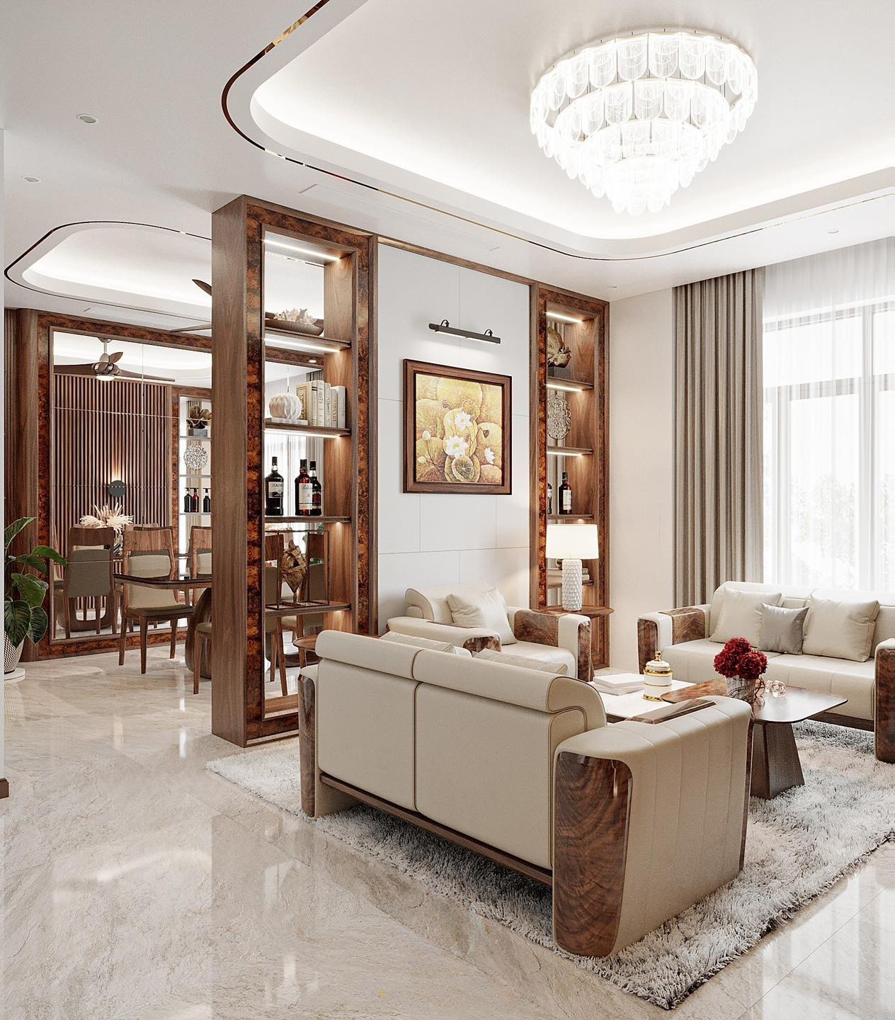 Tủ vách ngăn phòng khách hiện đại với hệ tủ trưng bày và mặt ốp acrylic trắng