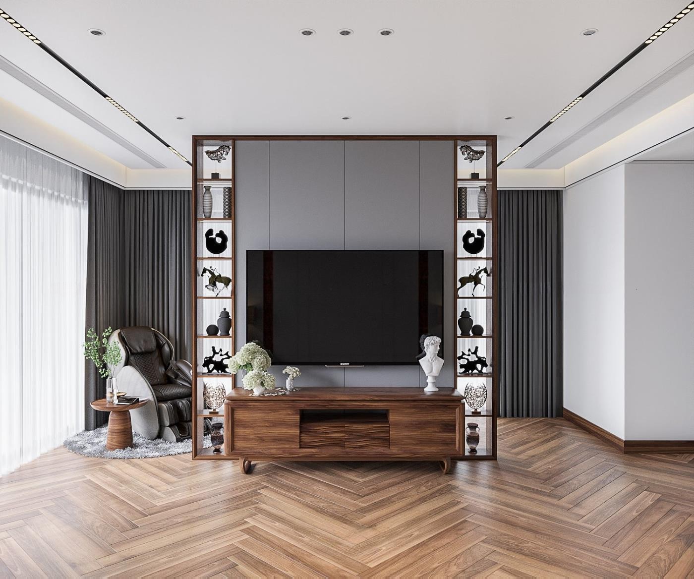 Vách kệ tivi phòng khách hiện đại với kệ trang trí 8 tầng và kệ gỗ óc chó CNC