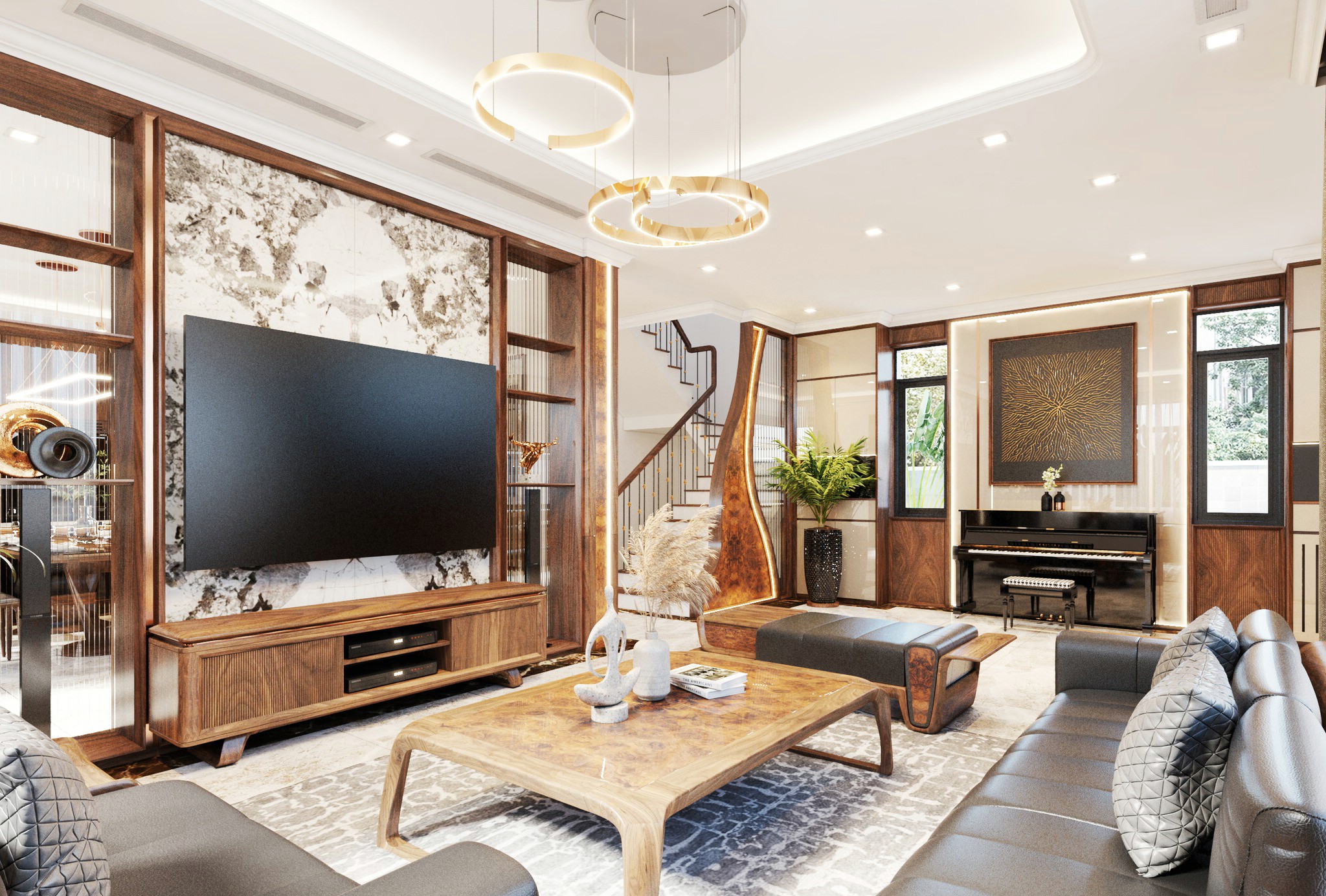 Vách ngăn kệ tivi hiện đại bằng gỗ MDF và nhựa PVC giả vân đá kết hợp kệ tivi gỗ óc chó