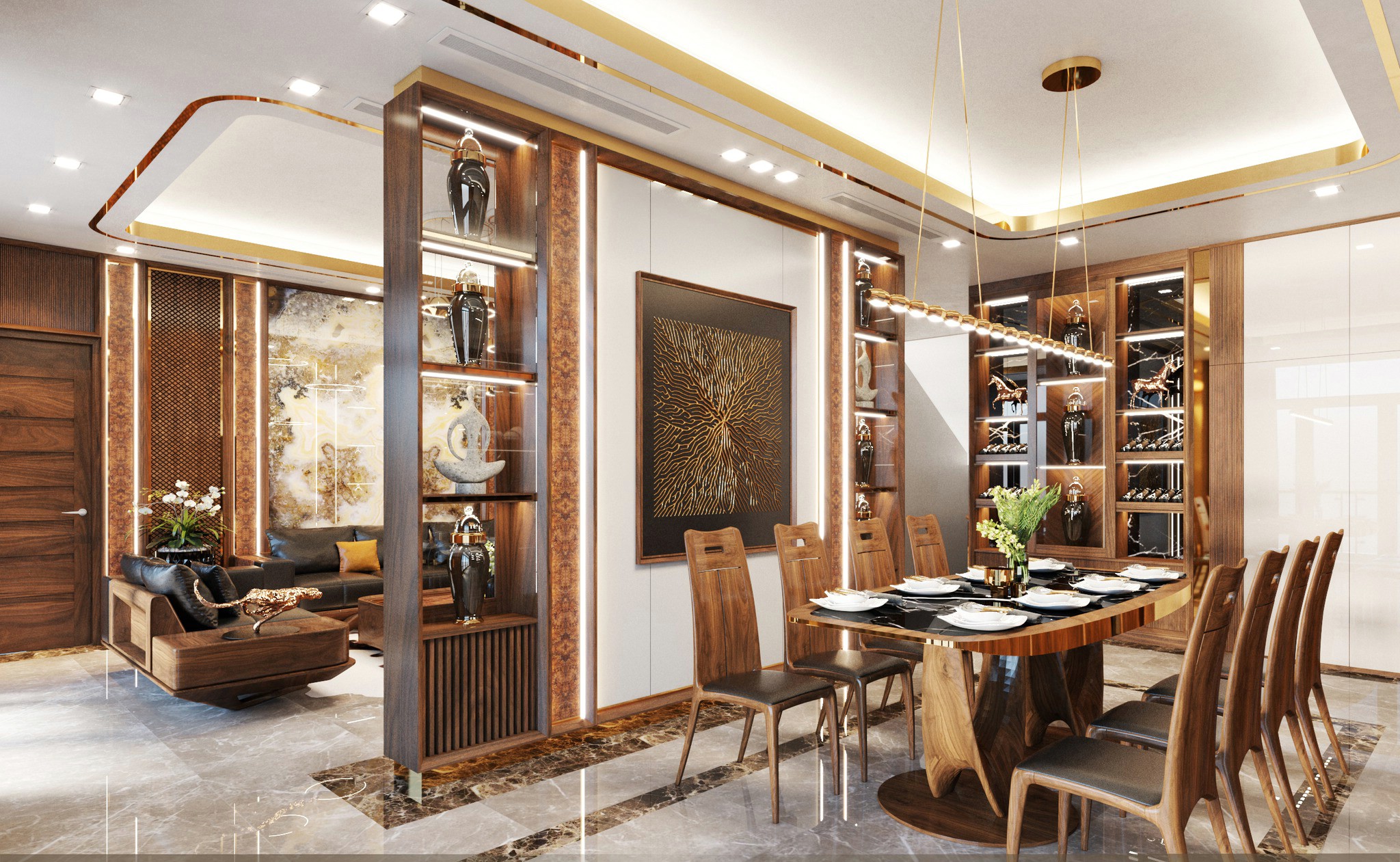 Vách ngăn phòng bếp cao kịch trần bằng gỗ óc chó với đèn LED âm vách