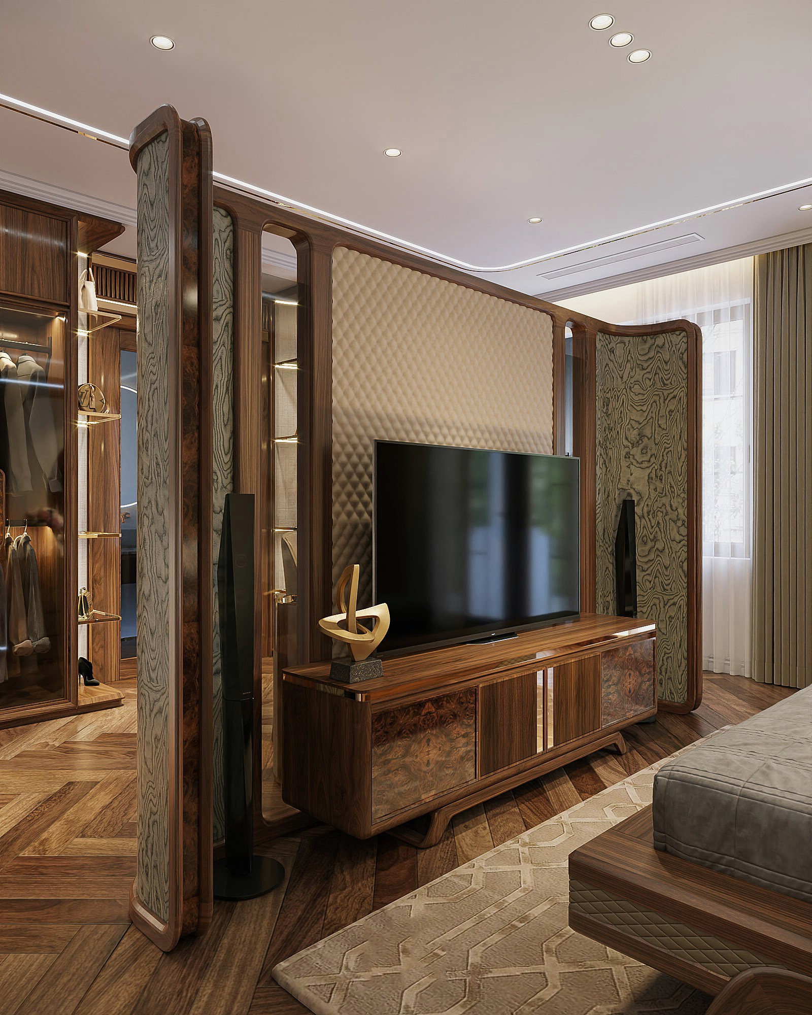 Vách ngăn tivi phòng ngủ hiện đại gỗ óc chó sang trọng